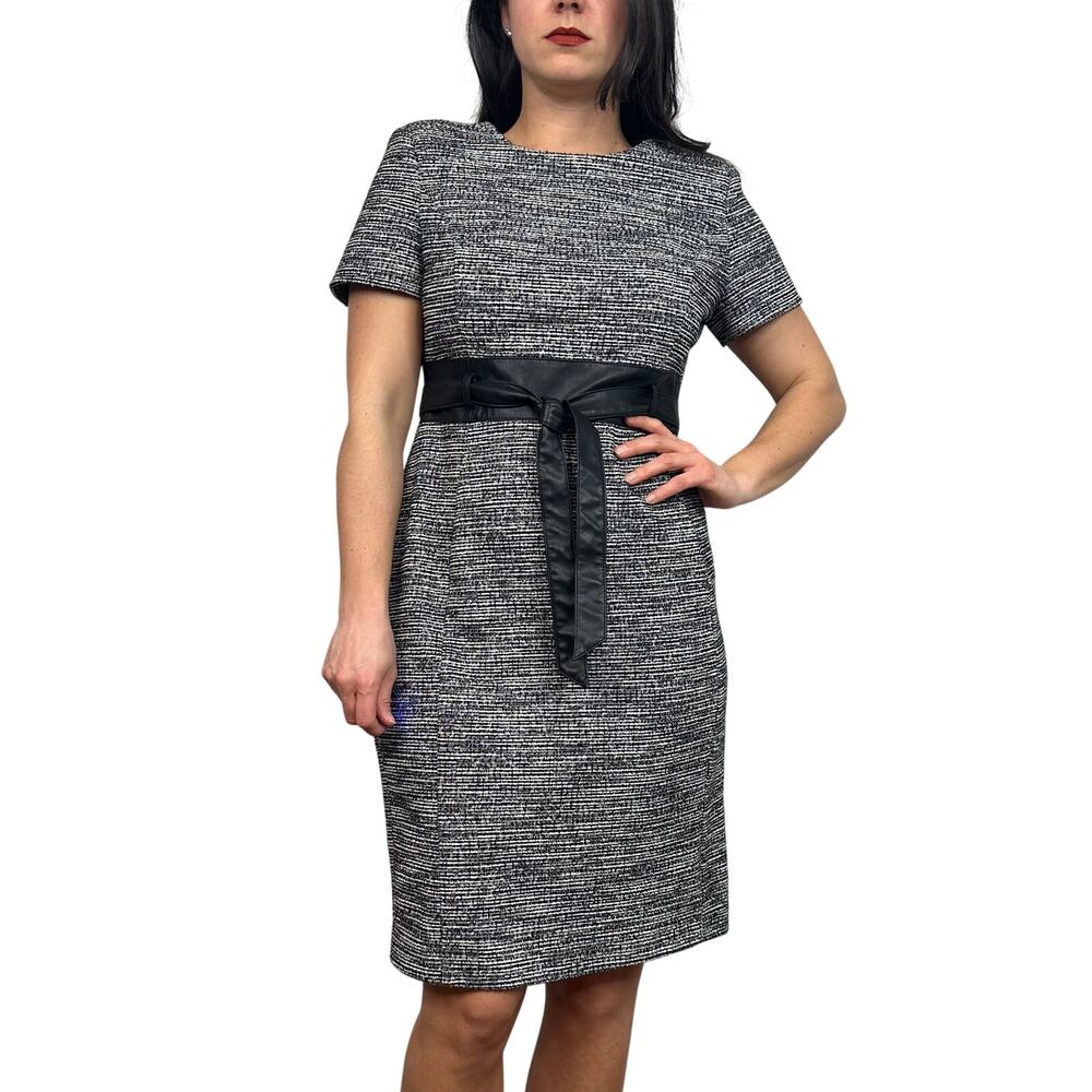 Calvin Klein Black & White Tweed Dress with Faux Leather Black Belt